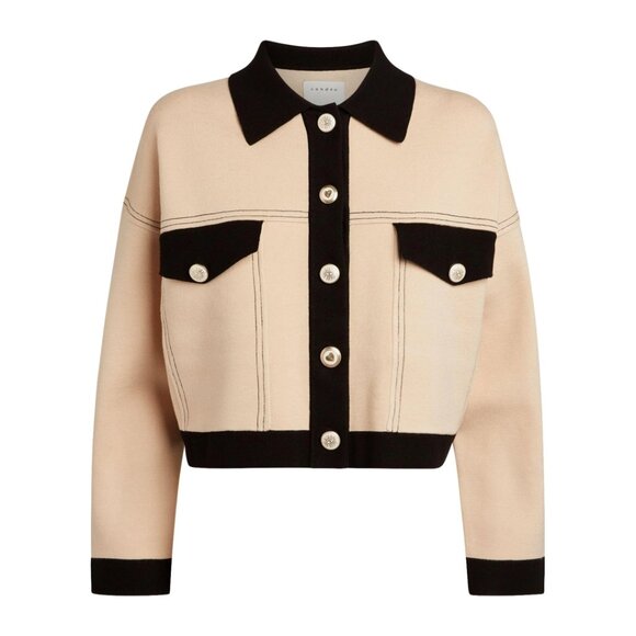 NWT Sandro Cher Cropped Cardigan Beige Black Topstitch Button Up Size 0 / XS - Picture 8 of 13